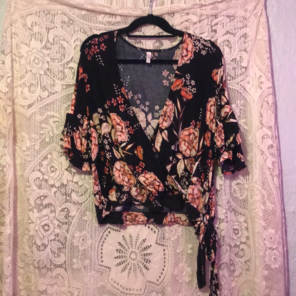 Floral deep V neck wrap top